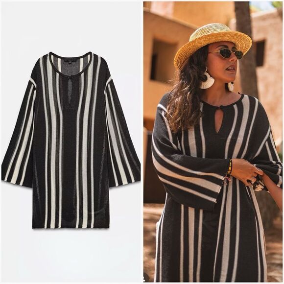 ZARA STRIPED KNIT TUNIC WITH LINEN - Picture 1 of 6